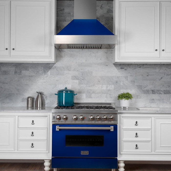 ZLINE Ducted Fingerprint Resistant Stainless Steel Range Hood with Blue Gloss Shell (8654BG)