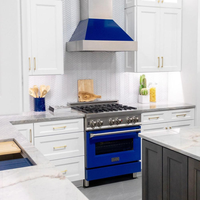 ZLINE Ducted Fingerprint Resistant Stainless Steel Range Hood with Blue Gloss Shell (8654BG)