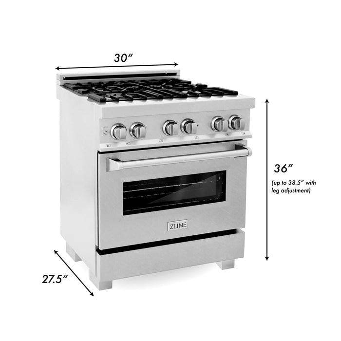 ZLINE 30 in. Kitchen Package with DuraSnow® Stainless Steel Dual Fuel Range and Convertible Vent Range Hood (2KP-RASSNRH30)