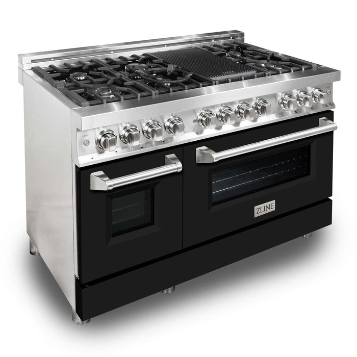 ZLINE 48 in. 6.0 cu. ft. Legacy Dual Fuel Range with 7 Burner Gas Cooktop and 2 Electric Ovens in Stainless Steel and Black Matte Doors (RA-BLM-48)