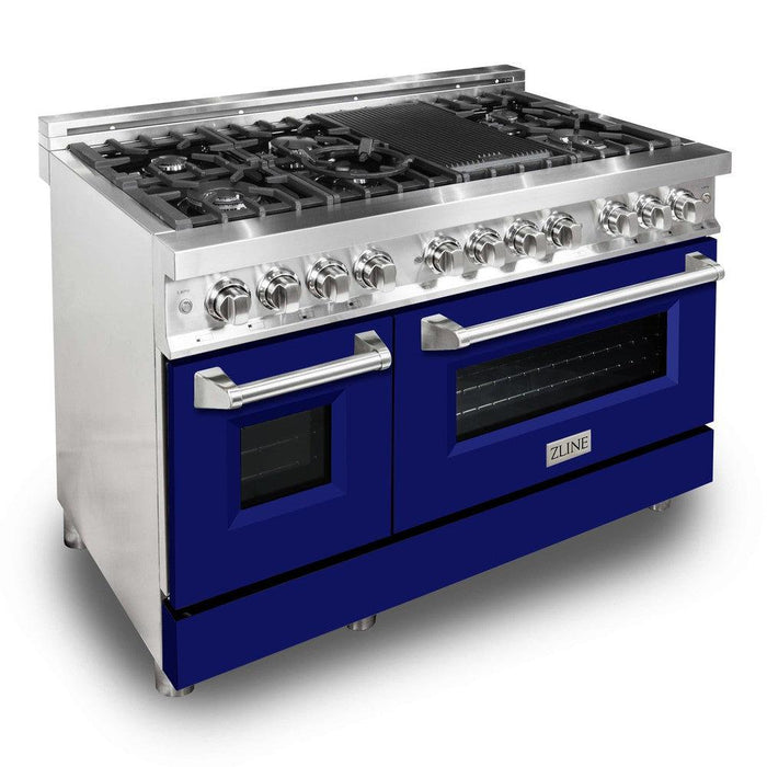 ZLINE 48 in. 6.0 cu. ft. Legacy Dual Fuel Range with 7 Burner Gas Cooktop and 2 Electric Ovens in Stainless Steel and Blue Matte Doors (RA-BM-48)