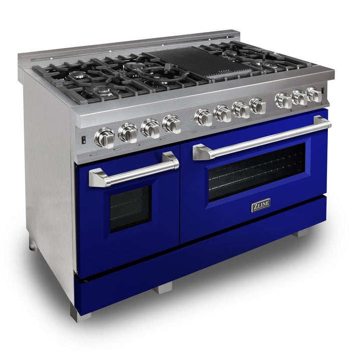 ZLINE 48 in. 6.0 cu. ft. Legacy Dual Fuel Range with 7 Burner Gas Cooktop and 2 Electric Ovens in DuraSnow® Stainless Steel and Blue Gloss Doors (RAS-BG-48)