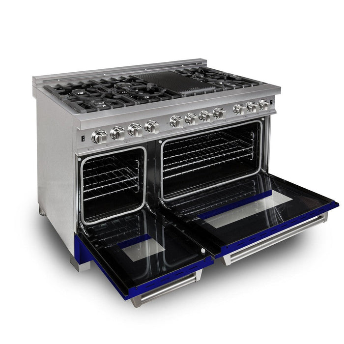 ZLINE 48 in. 6.0 cu. ft. Legacy Dual Fuel Range with 7 Burner Gas Cooktop and 2 Electric Ovens in DuraSnow® Stainless Steel and Blue Gloss Doors (RAS-BG-48)