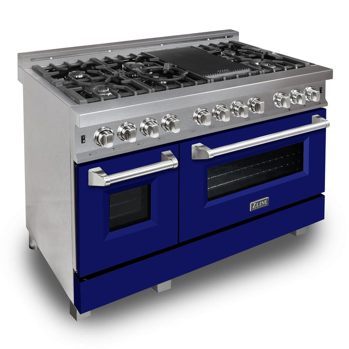 ZLINE 48 in. 6.0 cu. ft. Legacy Dual Fuel Range with 7 Burner Gas Cooktop and 2 Electric Ovens in DuraSnow® Stainless Steel and Blue Matte Doors (RAS-BM-48)