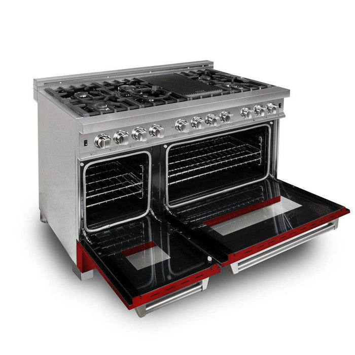 ZLINE 48 in. 6.0 cu. ft. Legacy Dual Fuel Range with 7 Burner Gas Cooktop and 2 Electric Ovens in DuraSnow® Stainless Steel and Red Gloss Doors (RAS-RG-48)