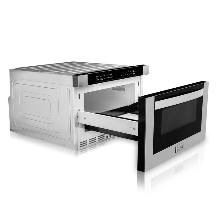 ZLINE Kitchen Package in Stainless Steel with 36 in. Gas Range, 36 in. Range Hood, 36 in. Refrigerator, 24 in. Microwave Drawer, and 24 in. Tall Tub Dishwasher (5KPR-SGRRH36-MWDWV)