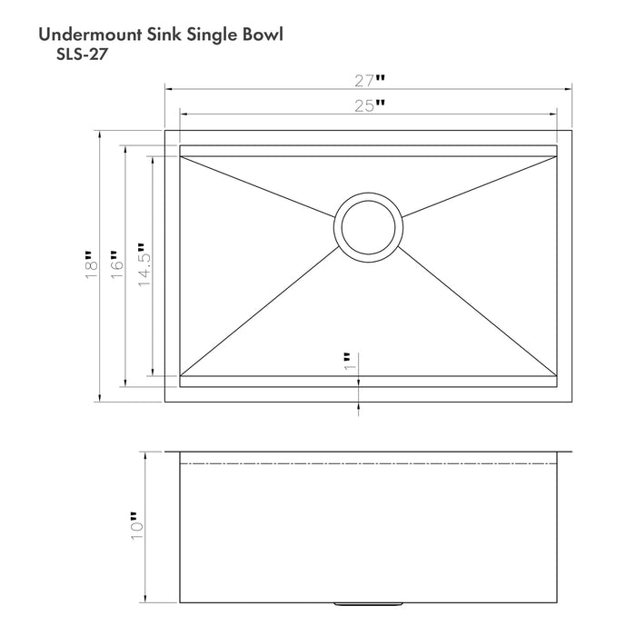 ZLINE Garmisch 27 in. Undermount Single Bowl Stainless Steel Kitchen Sink with Bottom Grid and Accessories (SLS-27)