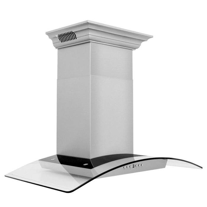 ZLINE Wall Mount Range Hood in Stainless Steel with Built-in CrownSound Bluetooth Speakers (KZCRN-BT) side, above.