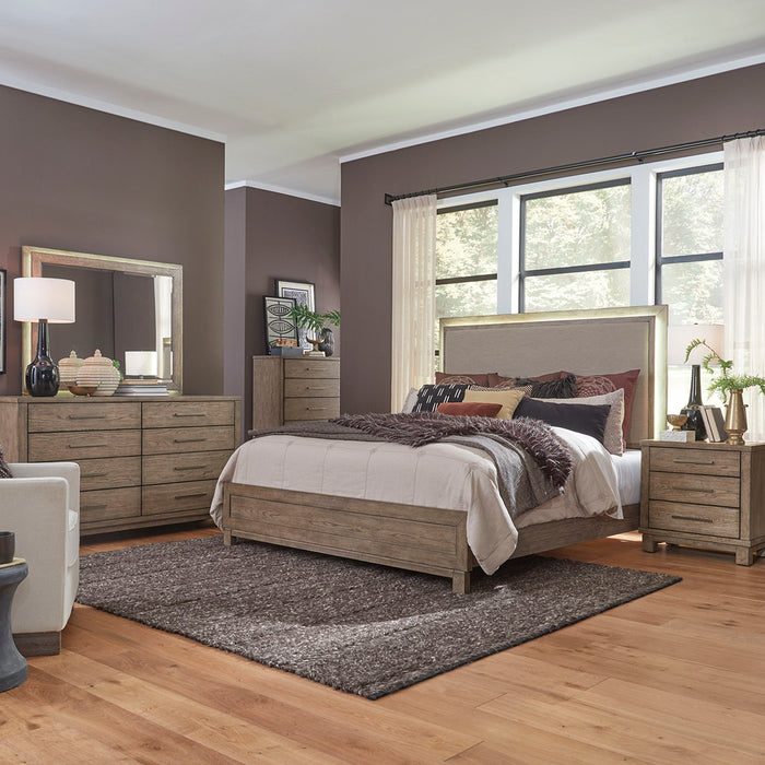 Canyon Road - King Upholstered Bed, Dresser & Mirror, Chest, Night Stand - Light Brown