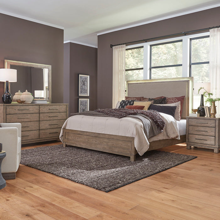 Canyon Road - King Upholstered Bed, Dresser & Mirror, Night Stand - Light Brown