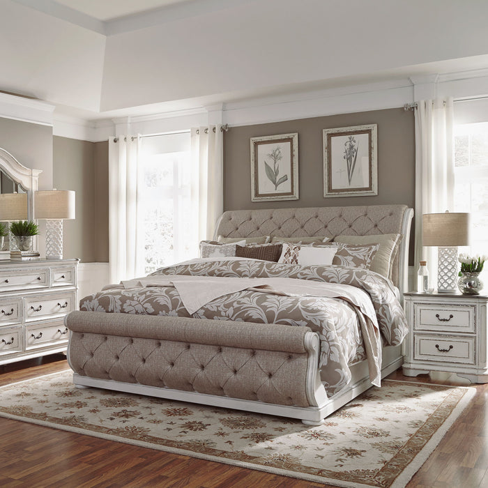 Magnolia Manor - Upholstered Sleigh Bed, Dresser & Mirror