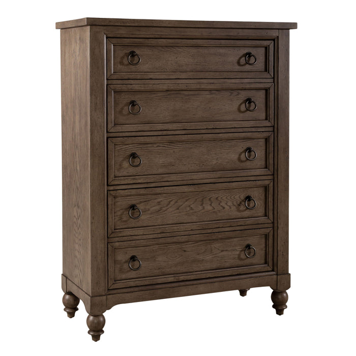 Americana Farmhouse - King Shelter Bed, Dresser & Mirror, Chest, Night Stand - Light Brown