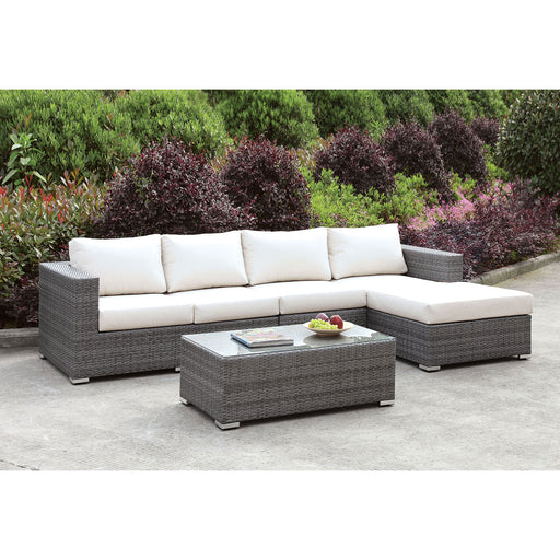 Somani Light Gray Wicker/Ivory Cushion L-Sectional w/ Right Chaise + Coffee Table image