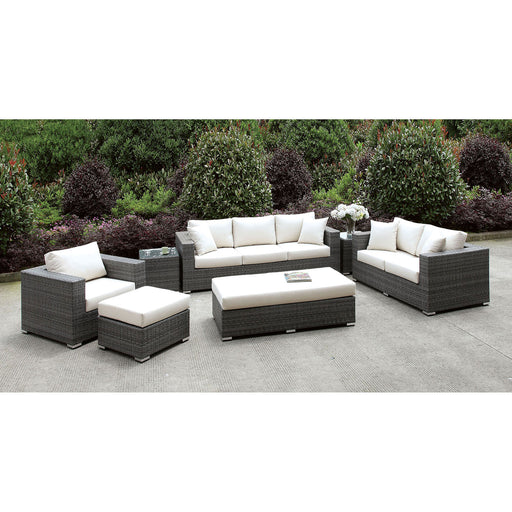 Somani Light Gray Wicker/Ivory Cushion 3 Pc Set + 2 End Tables + Ottoman + Bench image