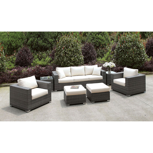 Somani Light Gray Wicker/Ivory Cushion Sofa+2 Chairs+2 End Tables+2 Small Ottomans image