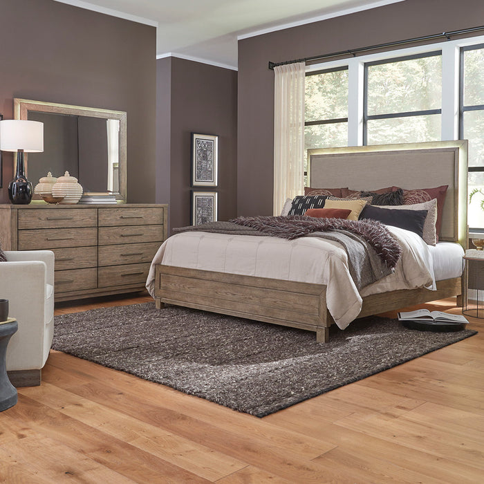 Canyon Road - Queen Upholstered Bed, Dresser & Mirror - Light Brown